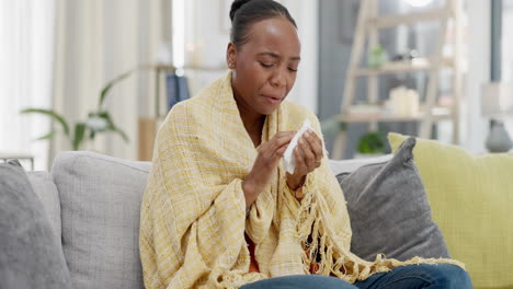 Sick-black-woman,-tissue-and-flu-in-home