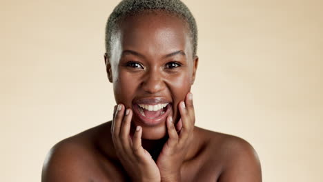 Laugh,-beauty-and-black-woman-touch-face