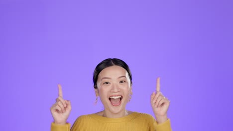 Face,-mockup-and-Asian-woman-pointing