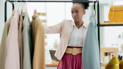Black-woman,-fashion-and-checking-clothing-rack