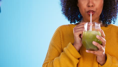 Green-juice,-black-woman-and-healthy-smoothie