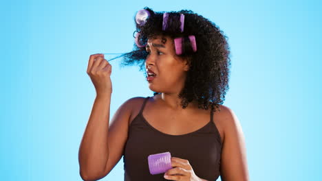 Woman,-hair-curlers-and-angry-by-studio-background