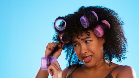 Black-woman,-curlers-and-upset-with-hair-by-studio