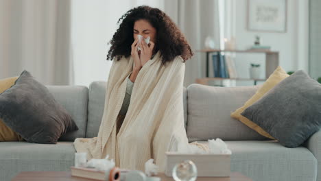 Sick,-home-and-blowing-nose-of-woman-in-a-living