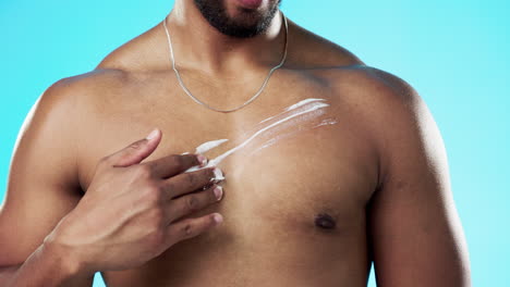 Skincare,-applying-and-man-with-cream-on-his-chest