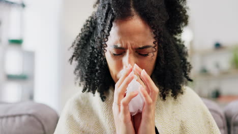Sick-woman,-tissue-and-nose-in-home-for-allergies