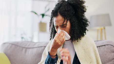 Sick-woman,-tissue-and-blowing-nose-in-home