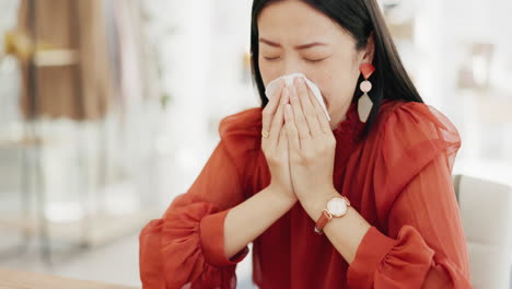 Tissue,-blowing-nose-and-sick-Asian-woman