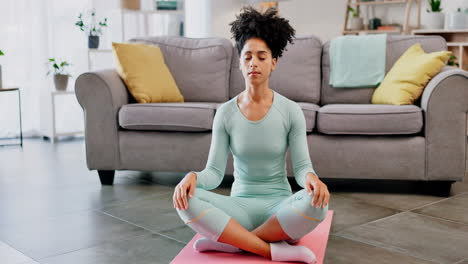 Yoga-meditation,-woman-and-praying-in-home