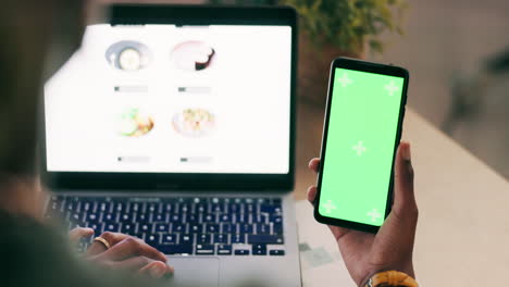 Laptop,-green-screen-and-phone-in-hands-for-food