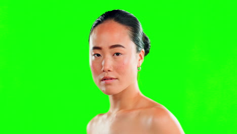 Asian-woman,-face-and-skincare-on-green-screen