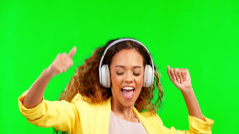 Headphones,-dance-and-happy-woman-with-green