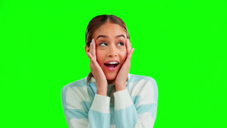 Woman,-happy-and-shock-face-by-green-screen-studio