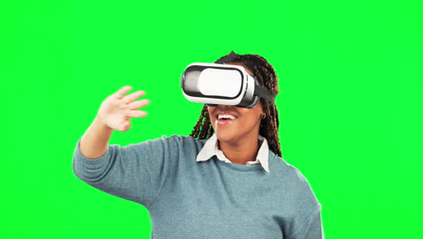 Virtual-reality,-touch-and-green-screen-of-woman