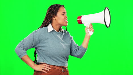 Rally,-megaphone-and-woman-shouting-by-green