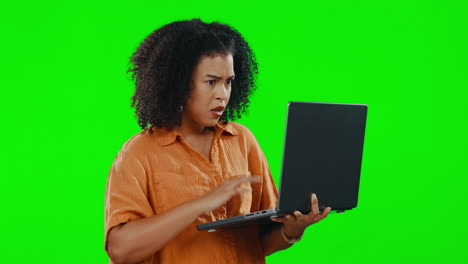 Green-screen,-stress-and-woman-a-laptop
