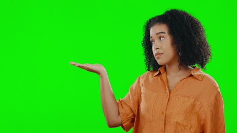 Woman,-sad-and-hand-on-green-screen-portrait