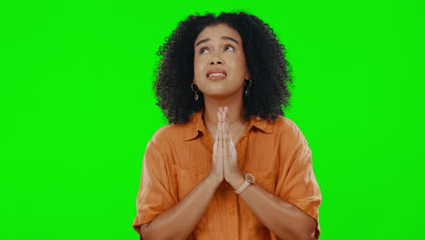 Praying,-woman-and-green-screen-with-hope