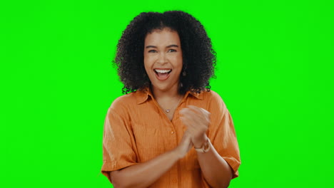 Clapping,-happy-and-face-of-woman-on-green-screen