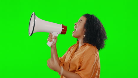 Green-screen,-protest-and-woman-with-a-megaphone