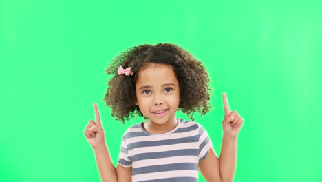 Face-smile,-girl-child-and-pointing-up-on-green