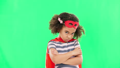 Child,-superhero-and-hand-on-green-screen-to-stop