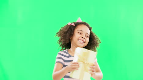 Gift-box,-excited-girl-and-green-screen-of-a-happy