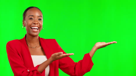 Black-woman,-showing-and-green-screen-for-product
