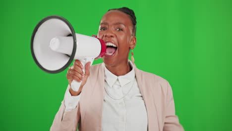 Face,-attention-and-black-woman-with-megaphone