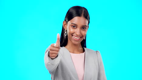 Thumbs-up,-perfect-and-happy-businesswoman-doing