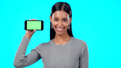 Woman,-happy-and-phone-green-screen-mockup