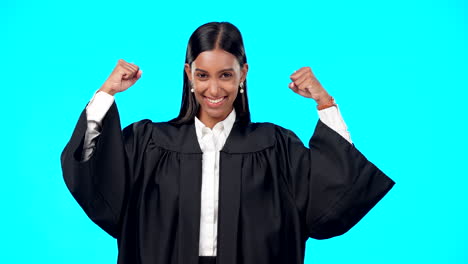 Strong-woman-lawyer,-face-and-studio-with-bicep