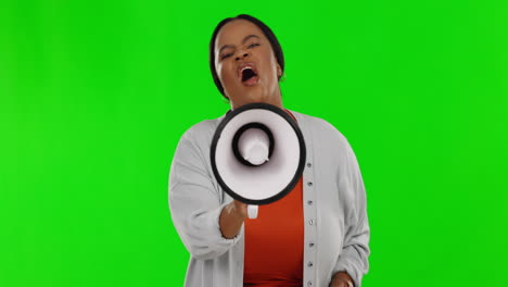 Face,-green-screen-and-black-woman-with-megaphone