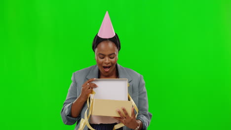 Green-screen,-birthday-and-black-woman-with-gift