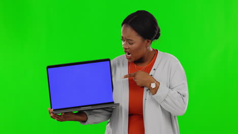 Shocked,-pointing-and-laptop-with-black-woman