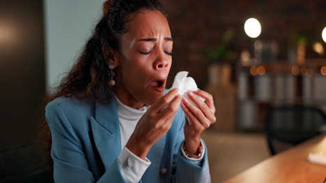 Business-woman,-sick-and-tissue-at-night-for-flu