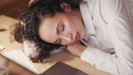 Sleeping,-woman-and-office-desk-at-night
