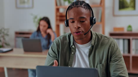 Black-man,-call-center-and-laptop-with-headset