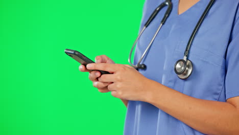 Phone-text,-green-screen-and-woman-hand-of-nurse