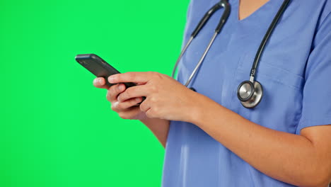 Phone,-green-screen-and-woman-hand-of-nurse
