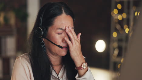 Stress,-burnout-or-Asian-woman-in-call-center