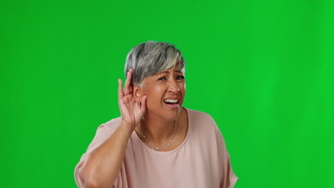Listening,-hear-and-senior-woman-on-green-screen