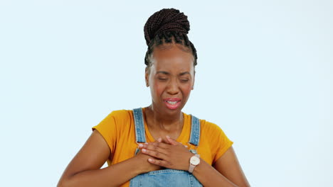 Black-woman,-hands-on-chest-and-heartburn-pain