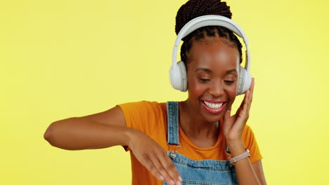 Happy,-dance-and-a-black-woman-with-headphones
