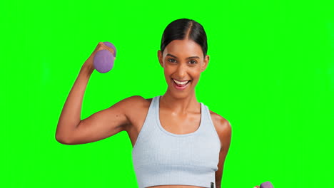 Green-screen,-face-and-happy-woman-with-dumbbells