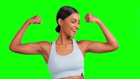 Green-screen,-face-and-happy-woman-flexing-muscles
