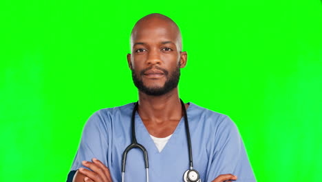 Face,-nurse-and-black-man-shaking-head-on-green