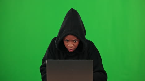 Black-woman,-green-screen-or-hacker-typing