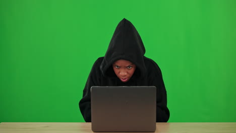 Black-woman,-green-screen-or-hacker-hacking