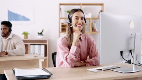 Face,-call-center-and-woman-with-telemarketing